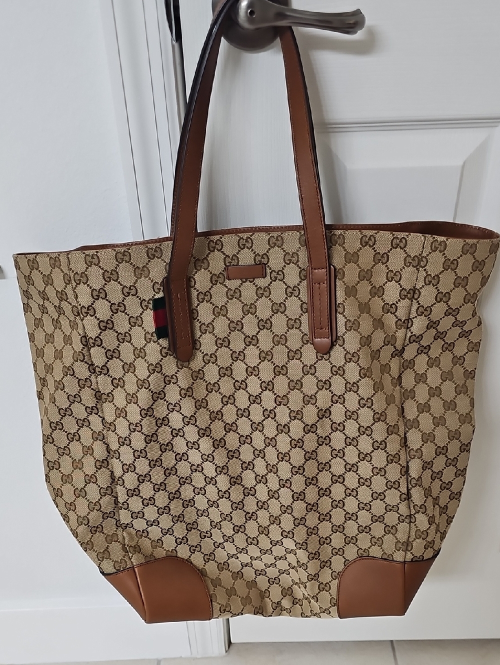 Gucci Beige Brown GG Canvas Tote with Brown Leather Trim